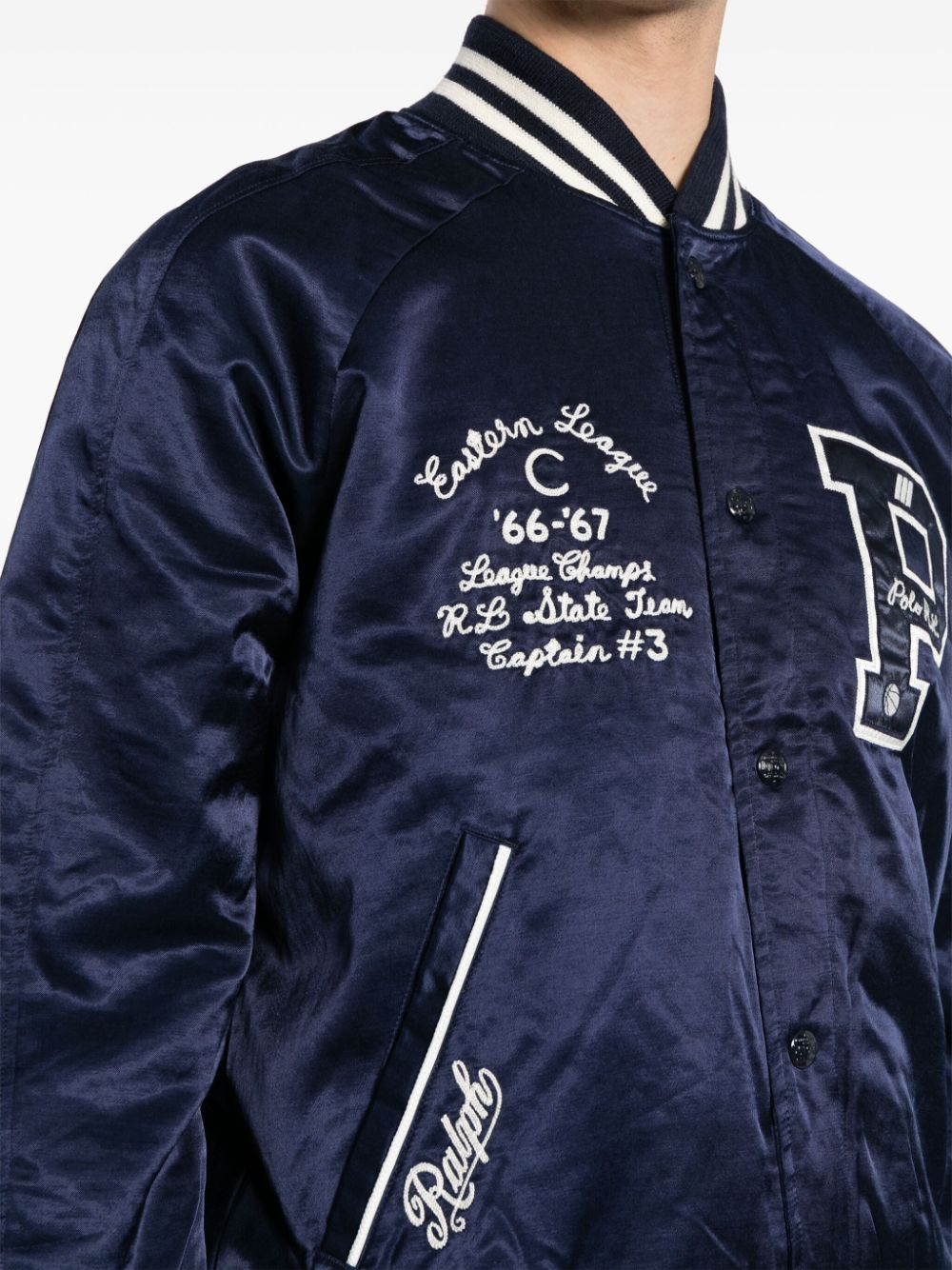 Shop Polo Ralph Lauren Logo-appliqué Satin Bomber Jacket In Blue