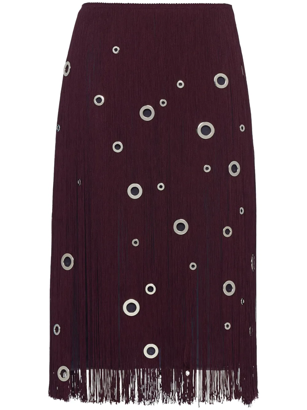 Shop Prada Eyelet-embellished Fringed Midi Skirt In Red