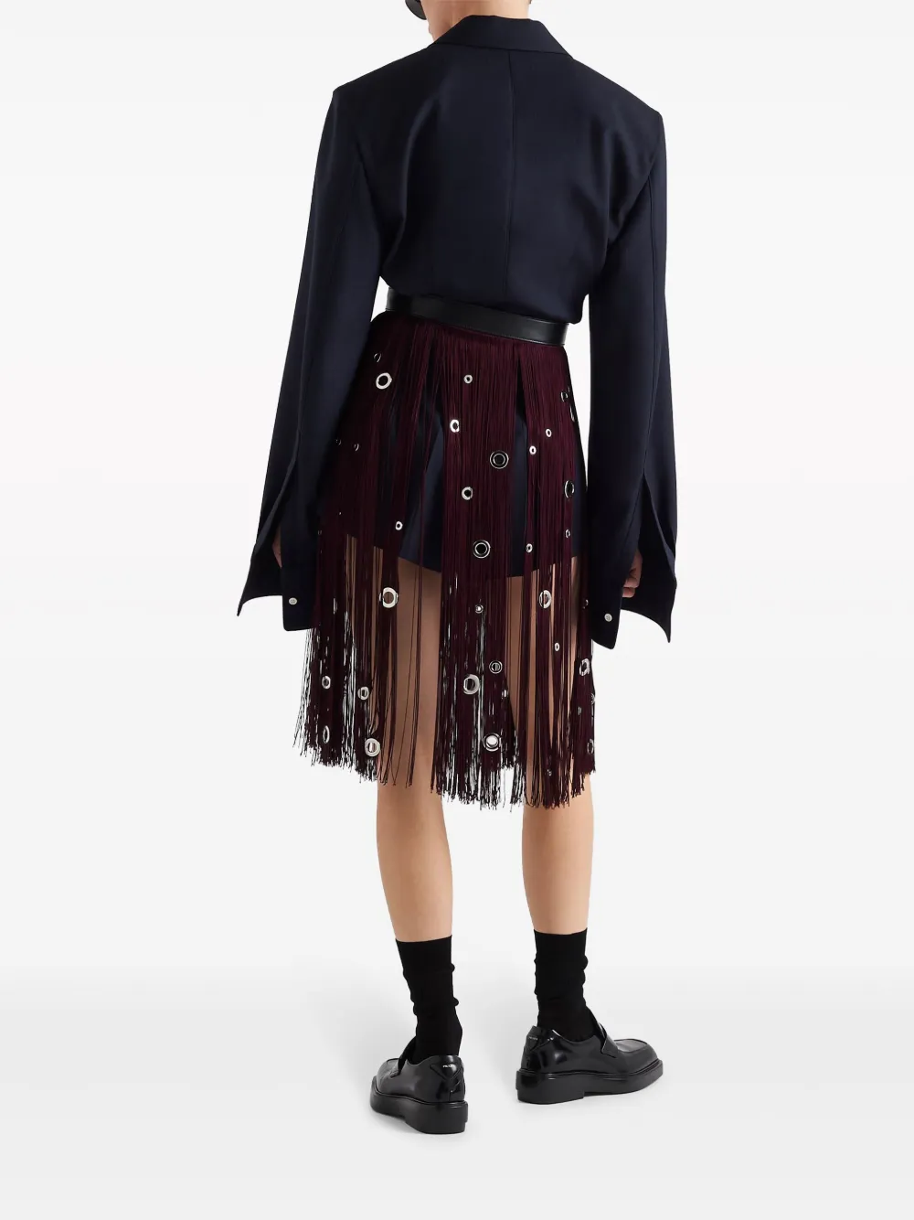 Shop Prada Eyelet-embellished Fringed Midi Skirt In Red