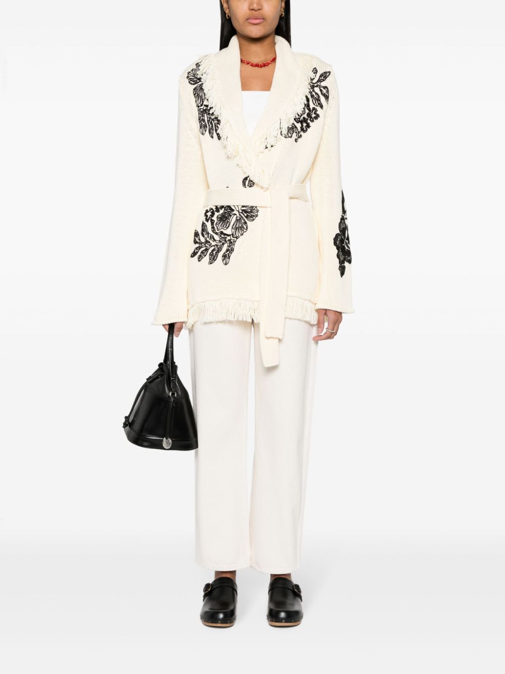 Shop Ermanno Firenze Floral-embroidery Knitted Cardigan In Neutrals