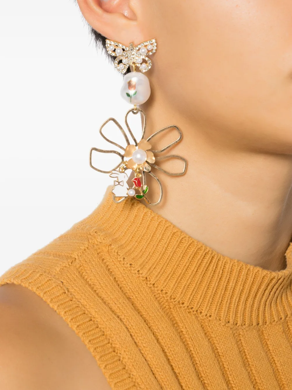 Amir Slama Flower Bunny-motif Drop Earrings In Neutrals