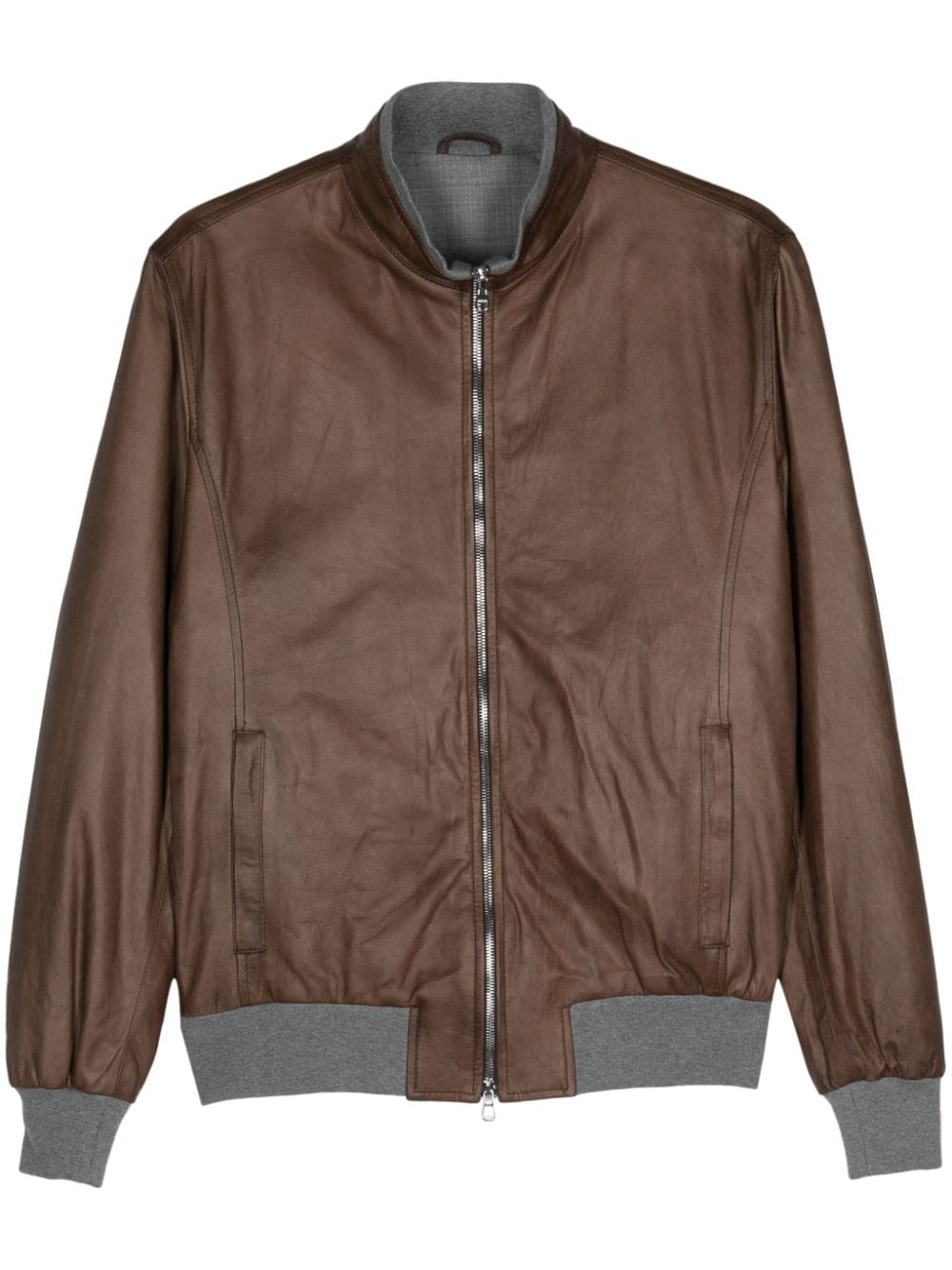 zipped leather bomber jacket