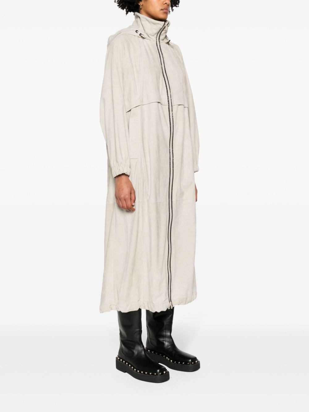 Shop Brunello Cucinelli Hooded Suede Trench Coat In Neutrals