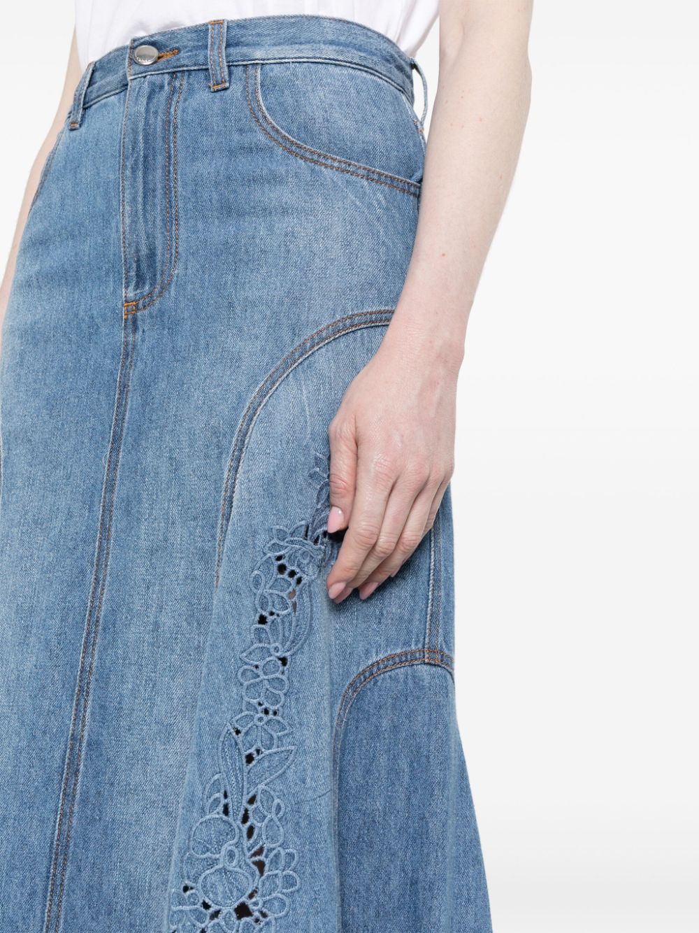 Shop Chloé Floral-embroidered Denim Midi Skirt In Blue