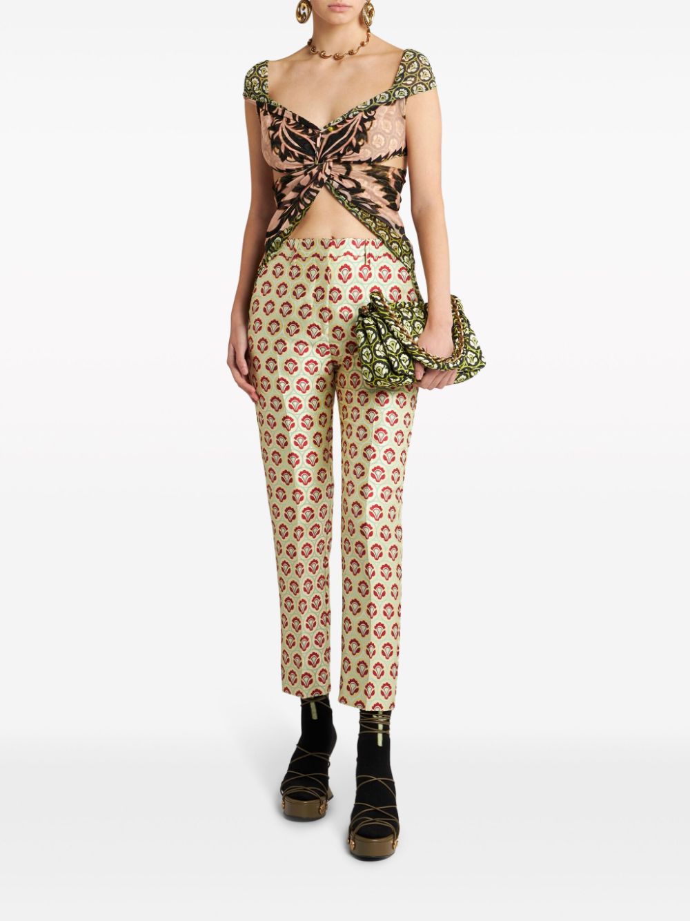 Shop Etro Floral-jacquard Cigarette Trousers In Green