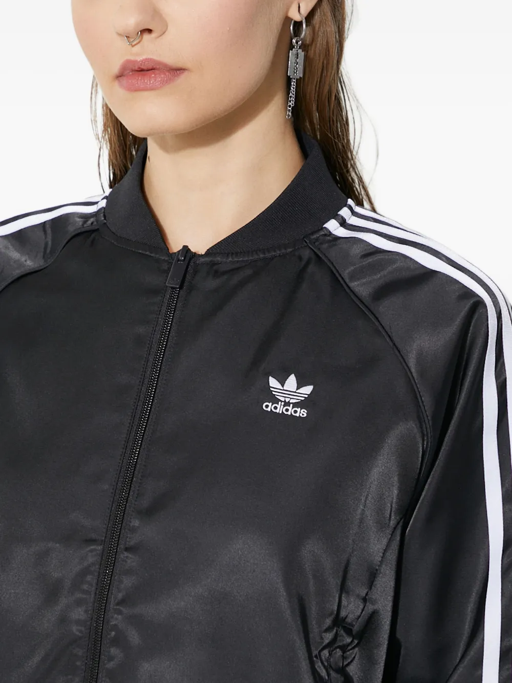 Adidas Originals Three-stripe Satin Bomber Jacket In Black