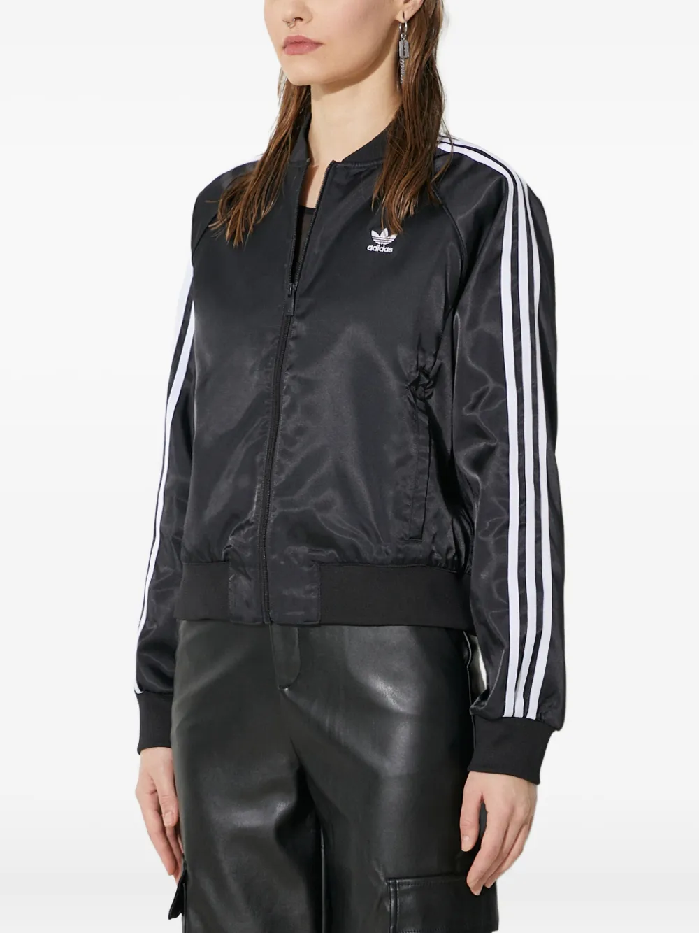 Adidas Originals Three-stripe Satin Bomber Jacket In Black