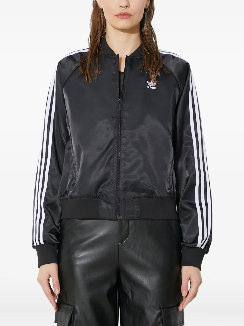 adidas three-stripe satin bomber jacket | Black | Image 1