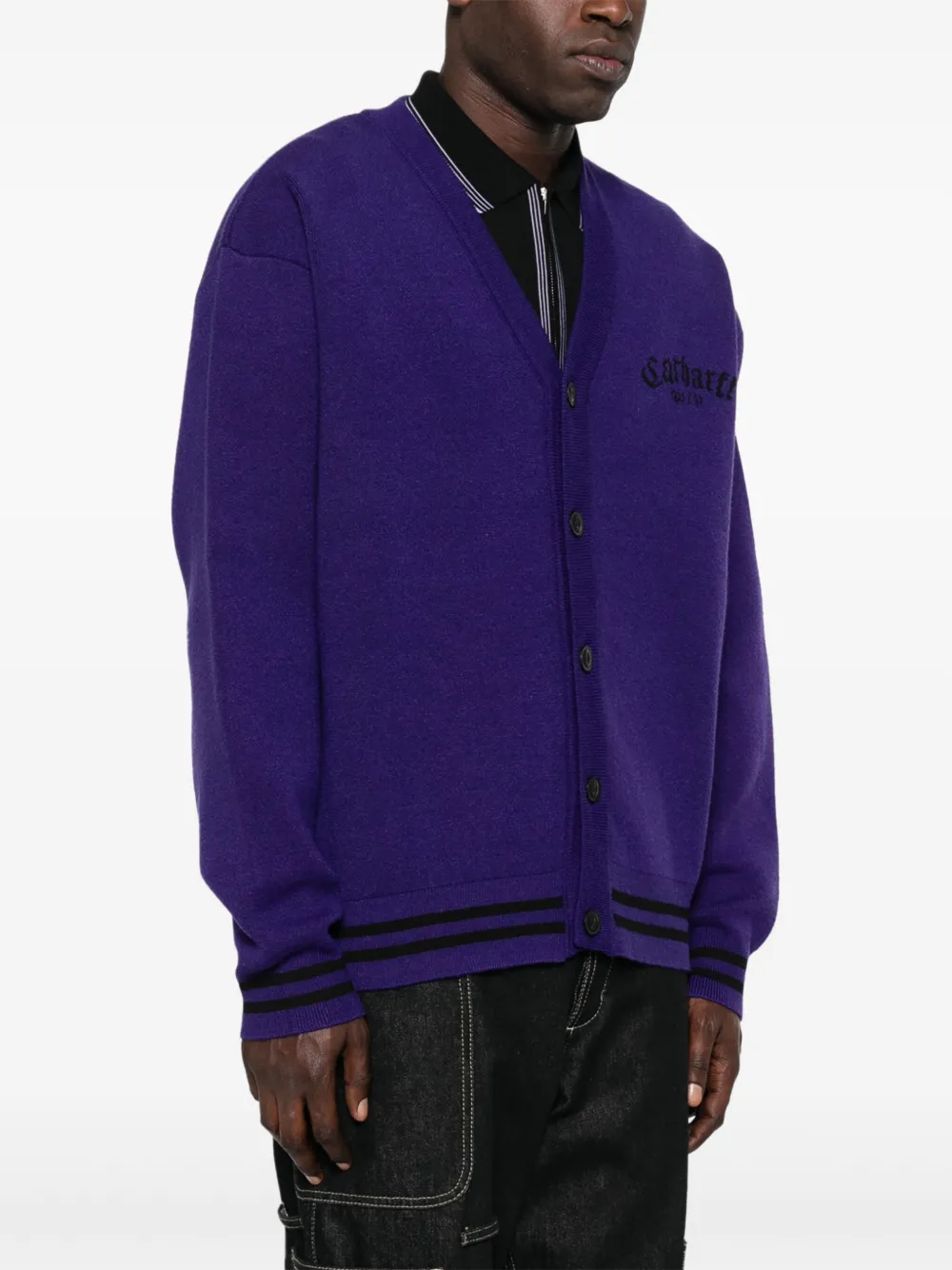 Shop Carhartt Intarsia-knit-logo Cardigan In Purple