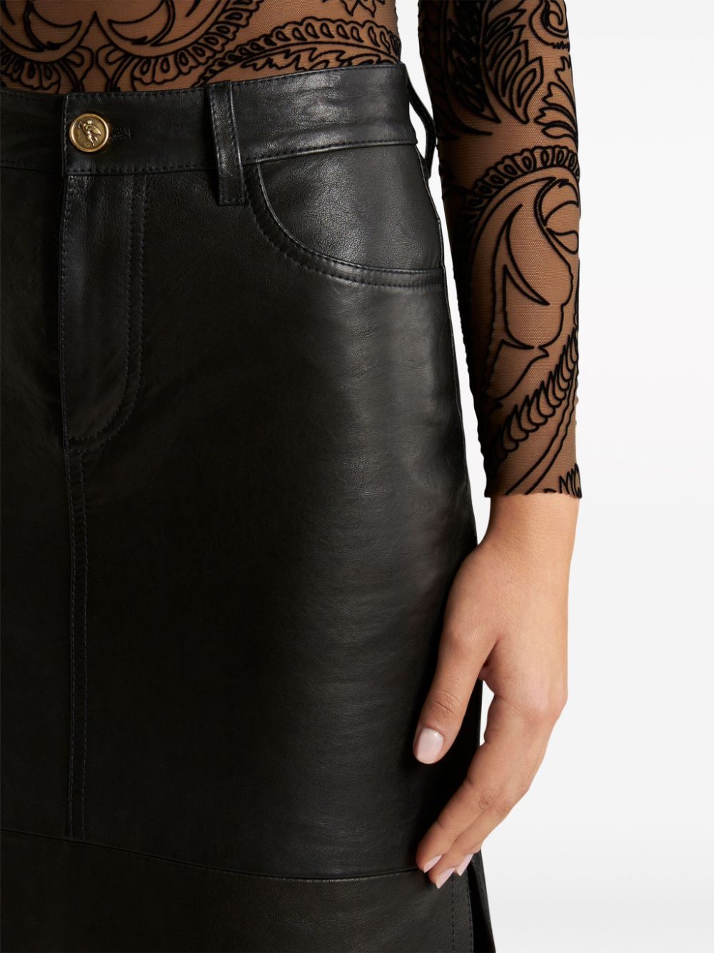 Shop Etro Leather Midi Skirt In Black