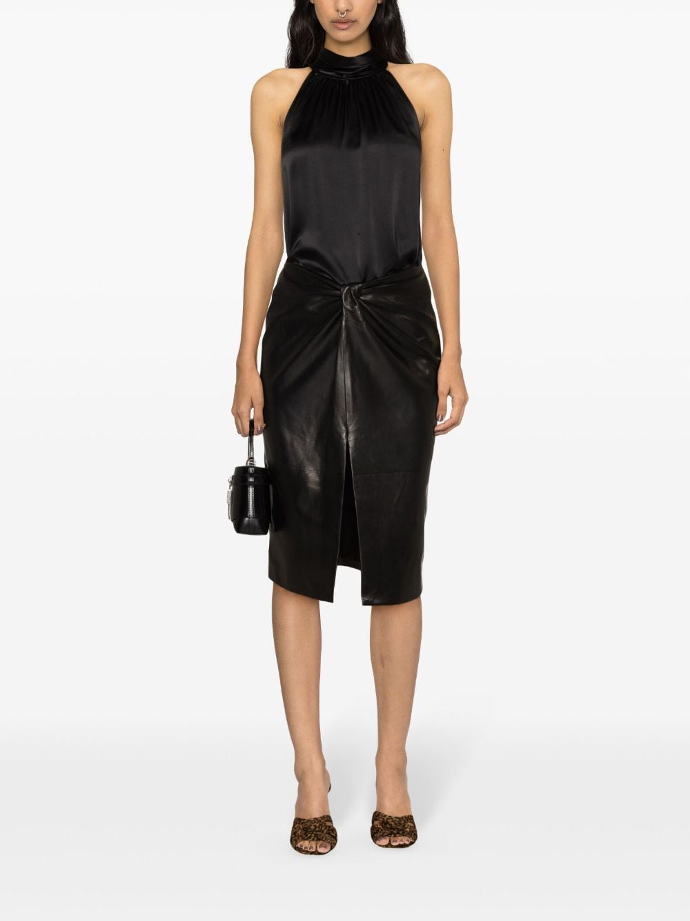 Shop Saint Laurent Gathered Leather Midi Skirt In Schwarz