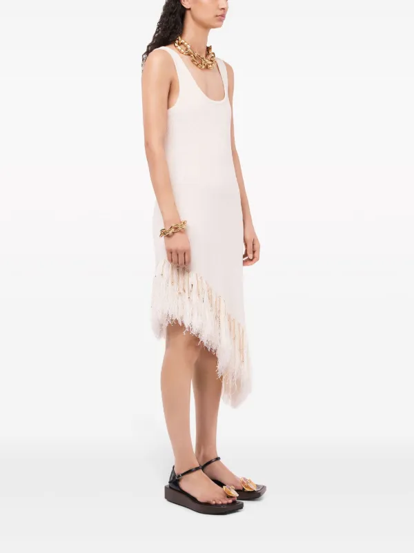 Rabanne Asymmetric Fringed Linen Midi Dress - White