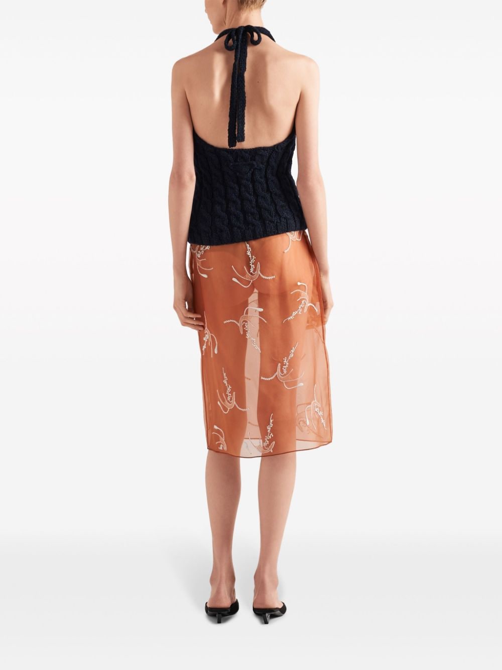 Shop Prada Embroidered Organza Midi Skirt In Orange