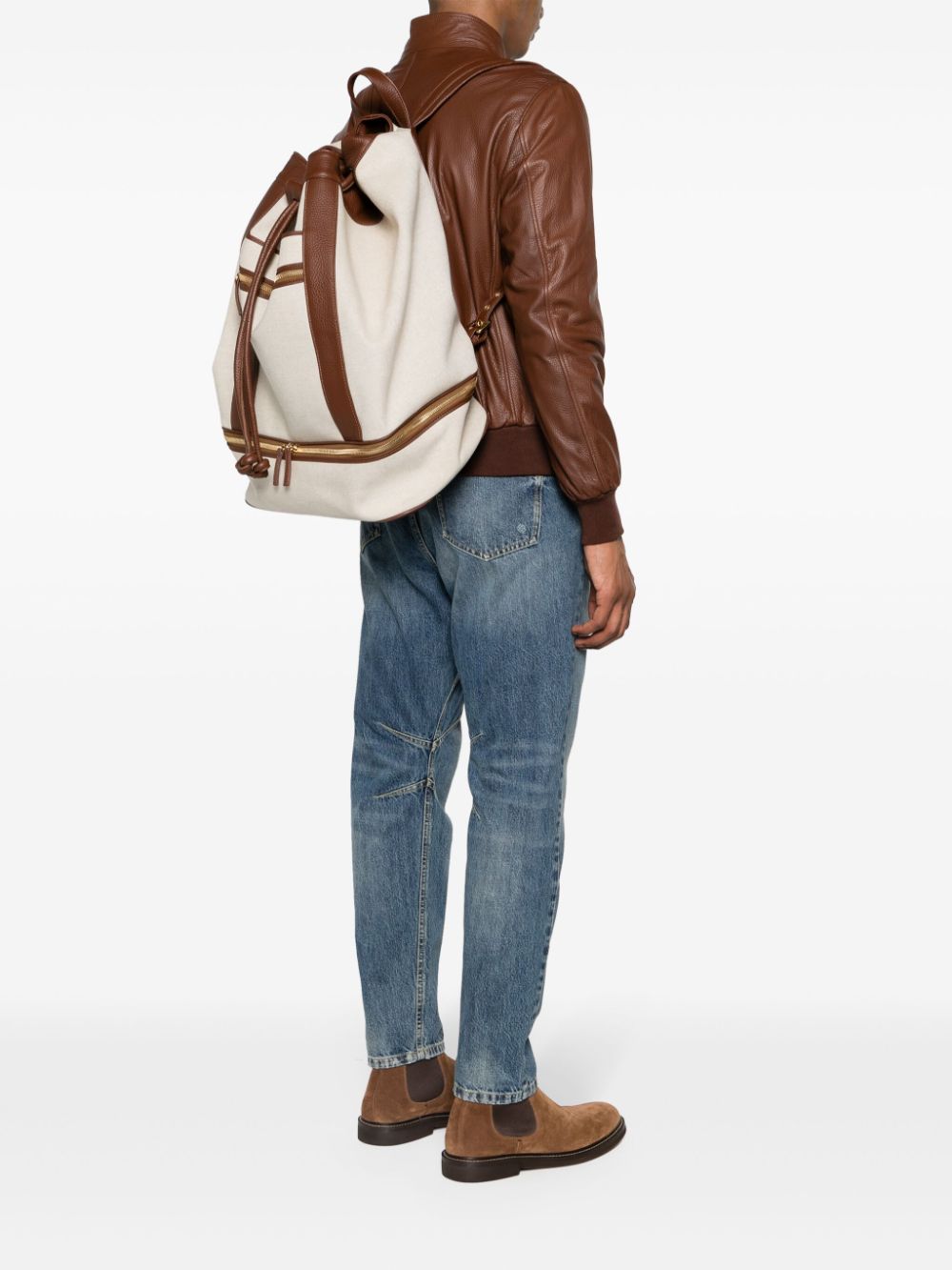 Shop Eleventy Leather-trim Canvas Backpack In Neutrals