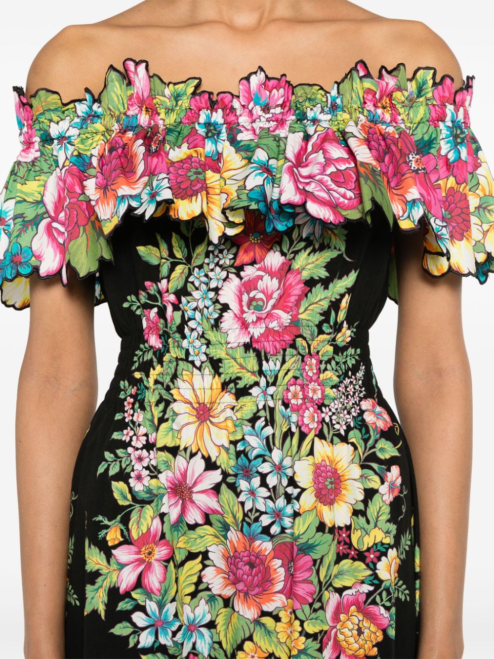 Shop Etro Floral-print Off-shoulder Cotton Dress In Black