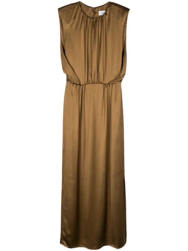 Yves Salomon Pleat-detail Satin Dress in Brown