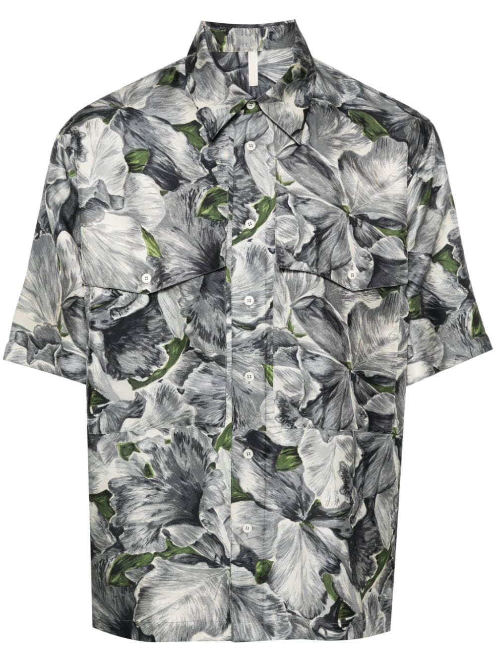 Sunflower Floral-print Bowling Shirt In Grey