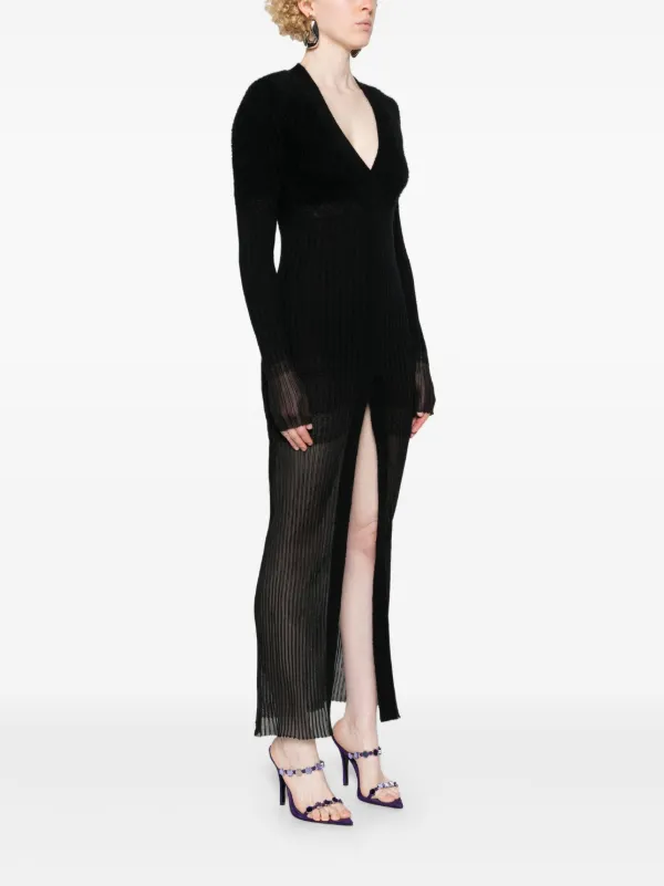 Attico V-Neck Ribbed Midi Dress - Black