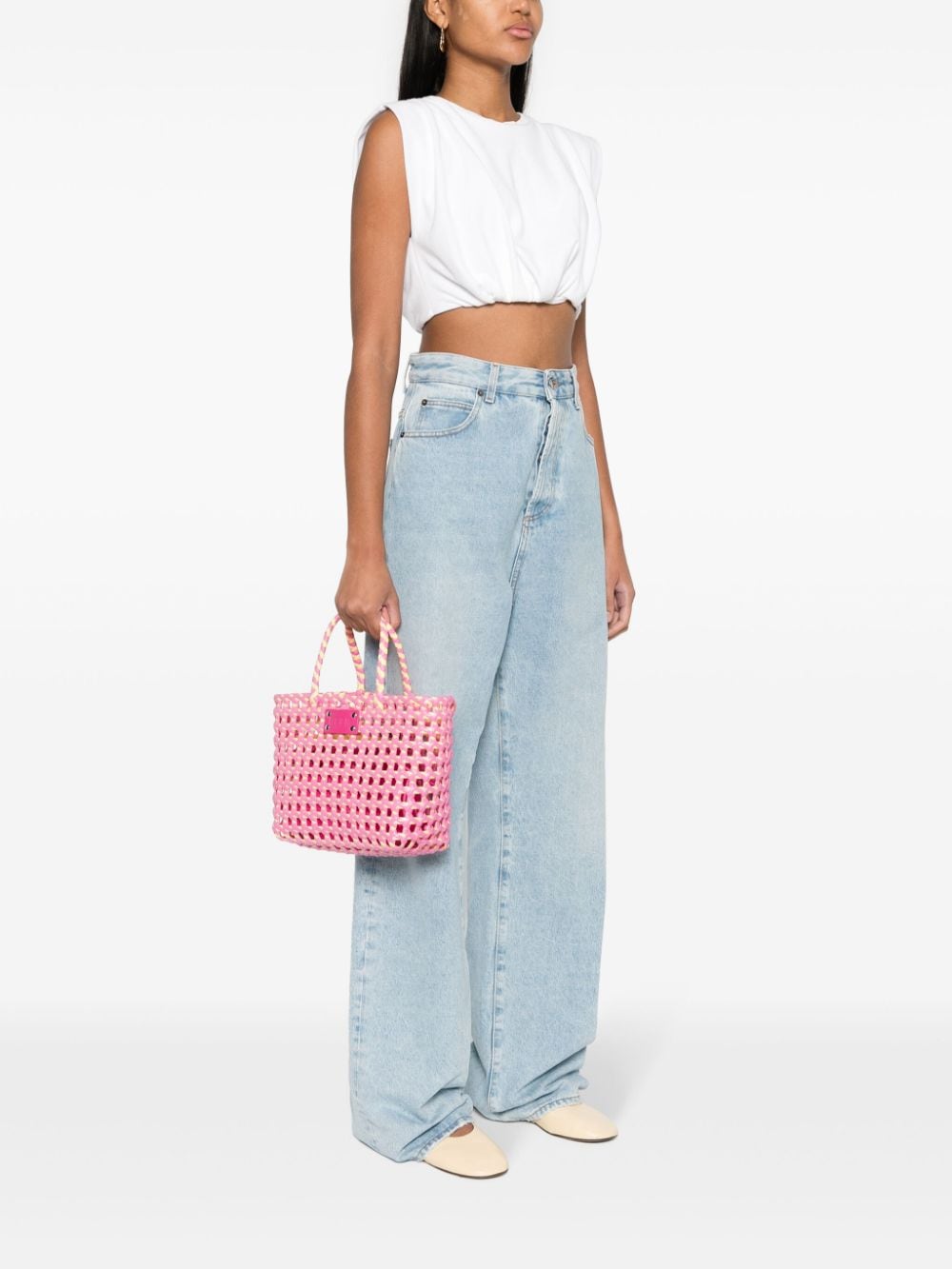 Shop Msgm Logo-patch Interwoven Tote Bag In Pink