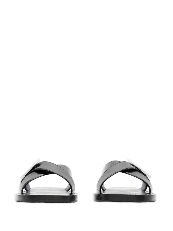 【BURBERRY】GABARDINE AND LEATHER SLIDES Burberry Label Print Gabardine and Leather Slides | REVERSIBLE