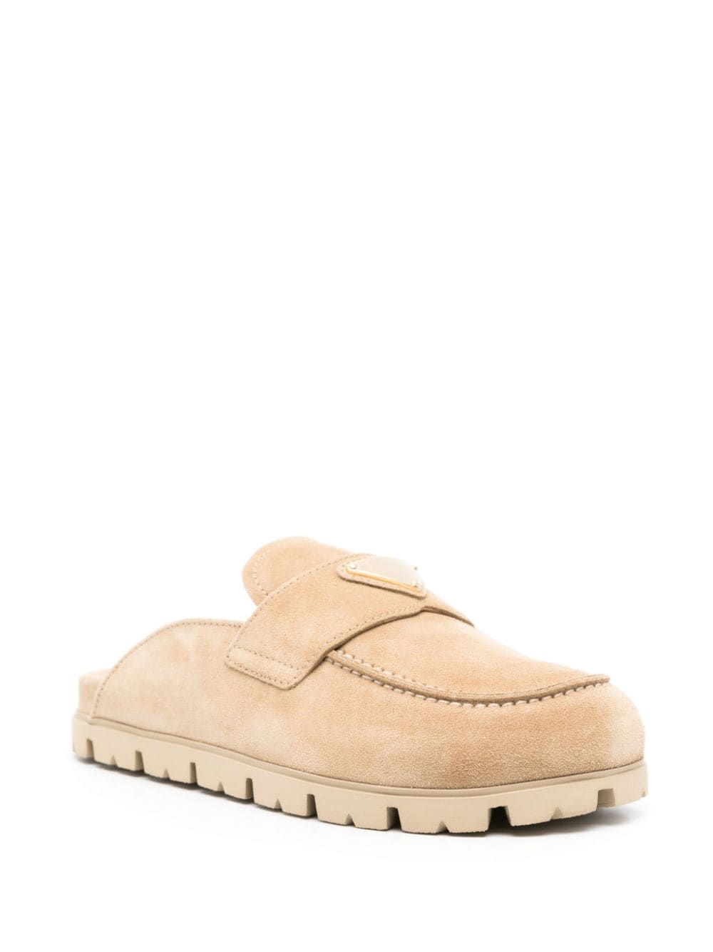 Prada enamel-logo suede slippers - Beige