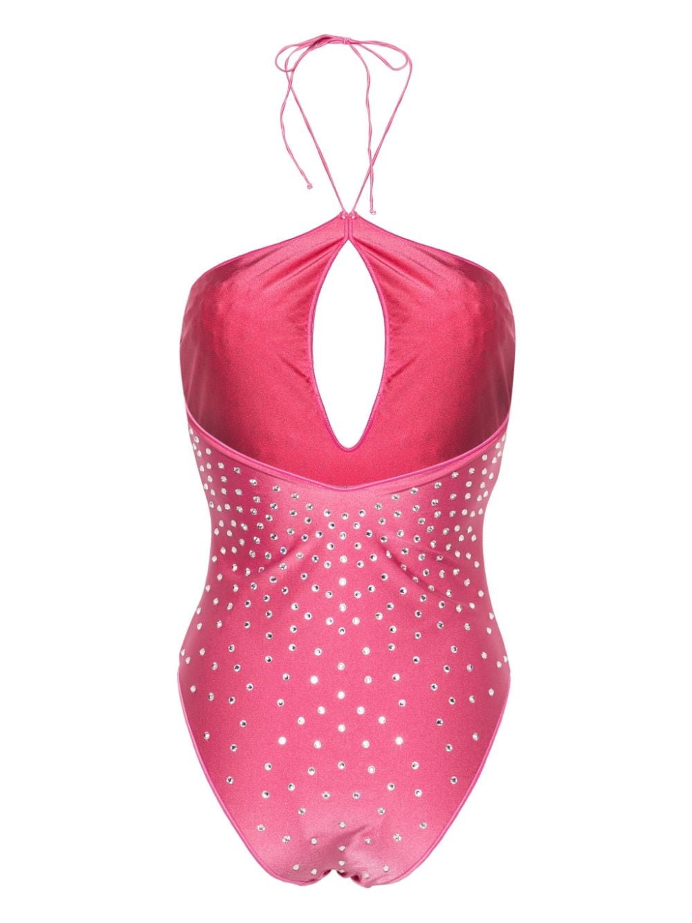 Shop Oseree Crystal-embellished Halterneck Swimsuit In Flamingo