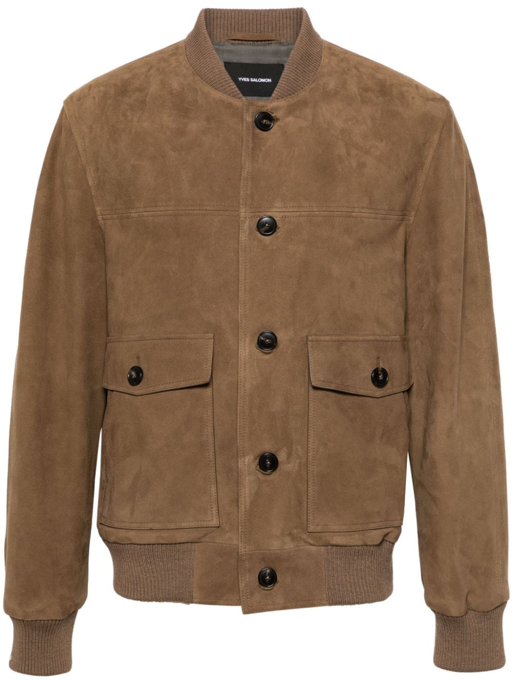 Yves Salomon Buttoned Suede Bomber Jacket In Braun