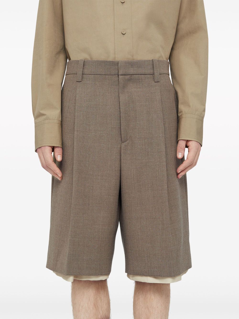 Shop Jil Sander Layered Wool Tailored Shorts In Brown