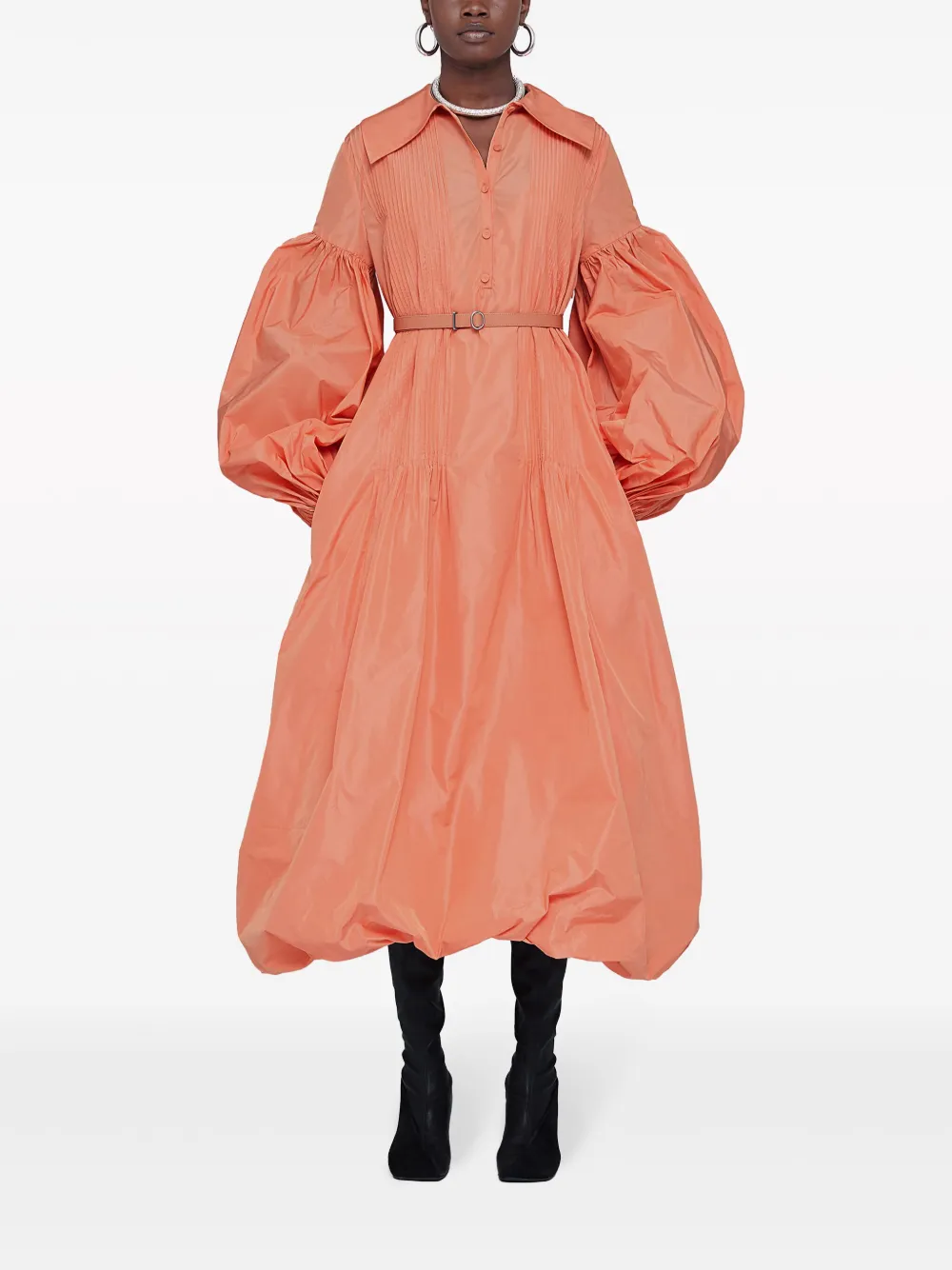 Jil Sander Geplooide taffeta jurk met pofmouwen Roze