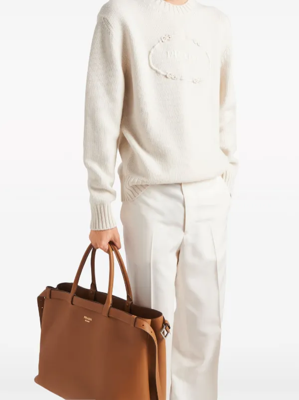 Prada logo-embroidered wool-cashmere Jumper | White | FARFETCH