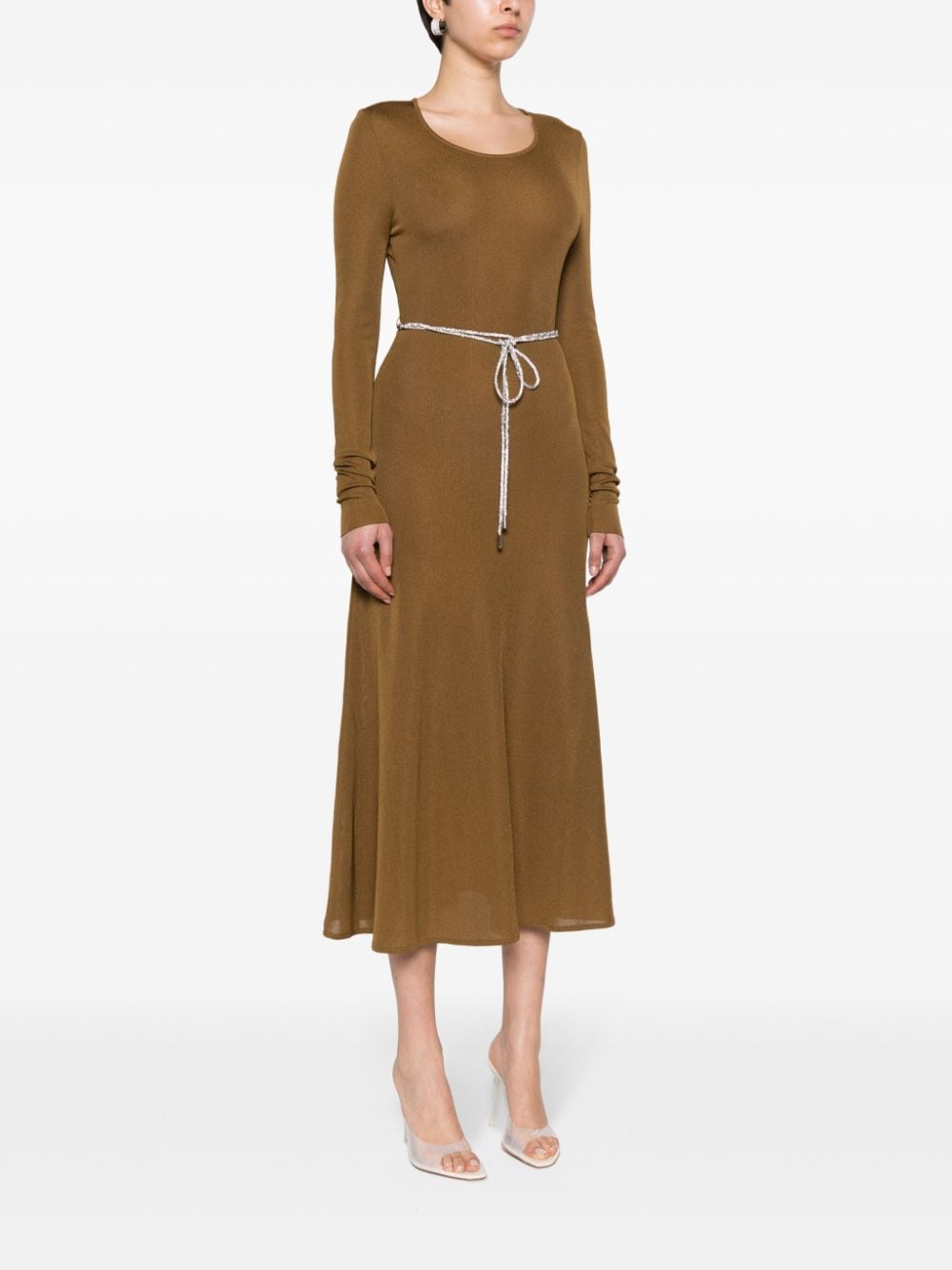 Shop Alexandre Vauthier Fine-knit Flared Maxi Dress In Brown
