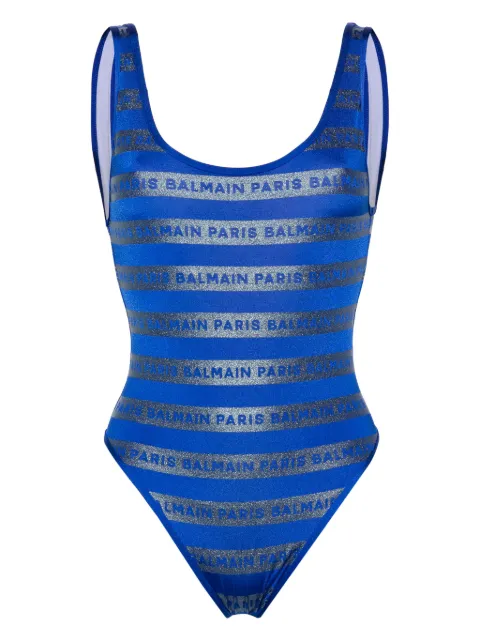 Balmain glittery logo-stripes swimsuit Women