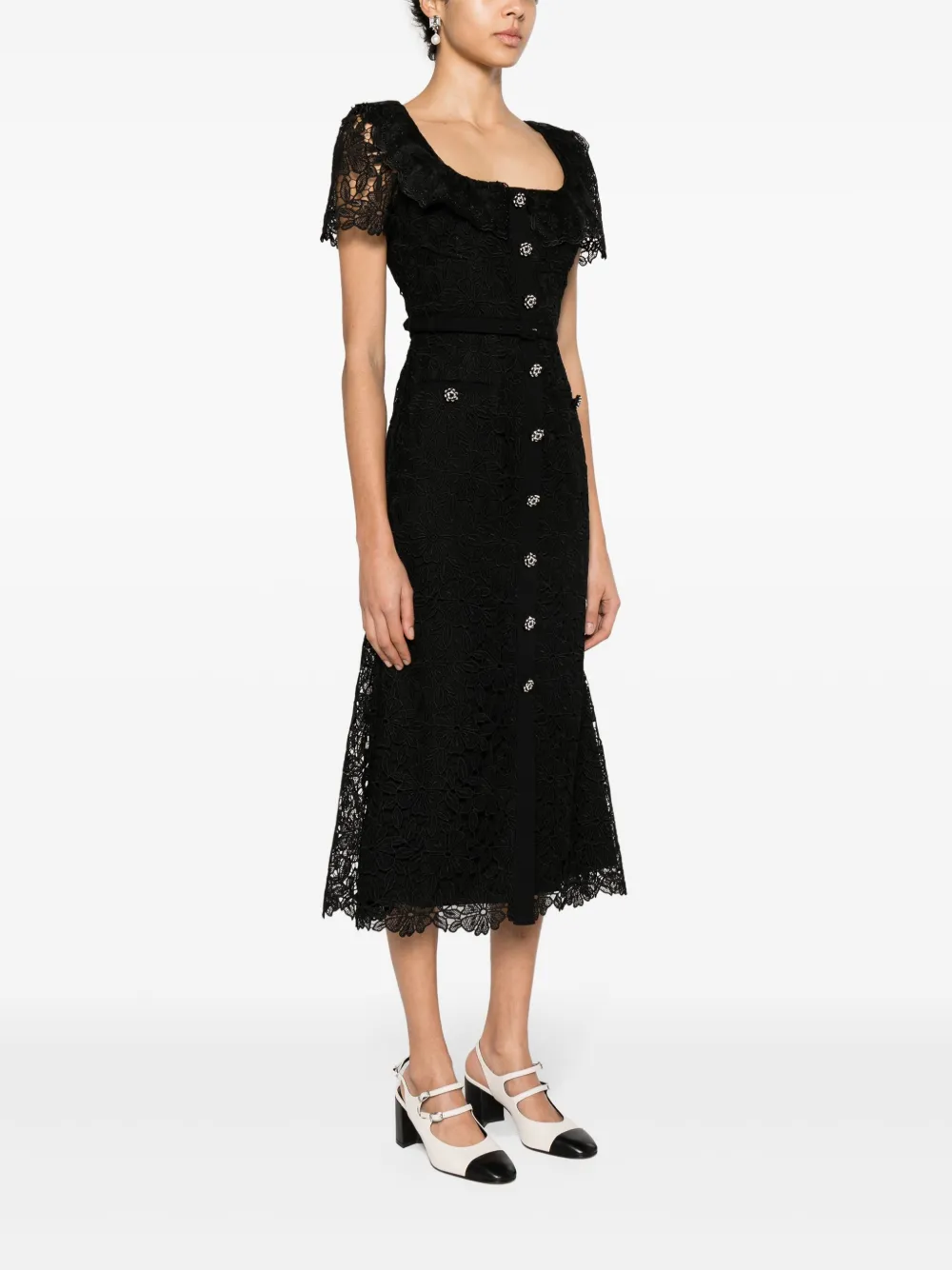 Shop Self-portrait Floral-macramé Belted Midi Dress In Black