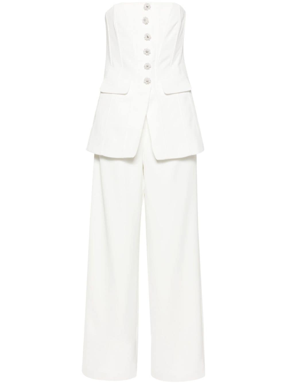 Shop Self-portrait Strapless Wide-leg Jumpsuit In White