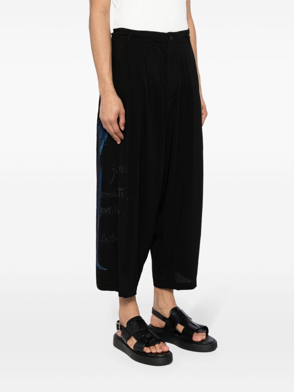 Shop Yohji Yamamoto Graphic-print Cropped Velvet Trousers In Black