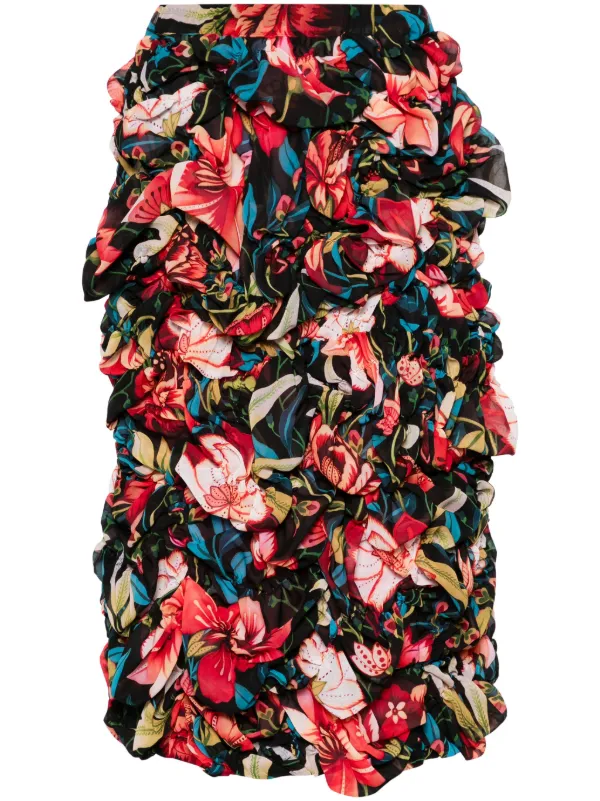 Comme Des Garçons floral-print Ruched Midi Skirt | Black