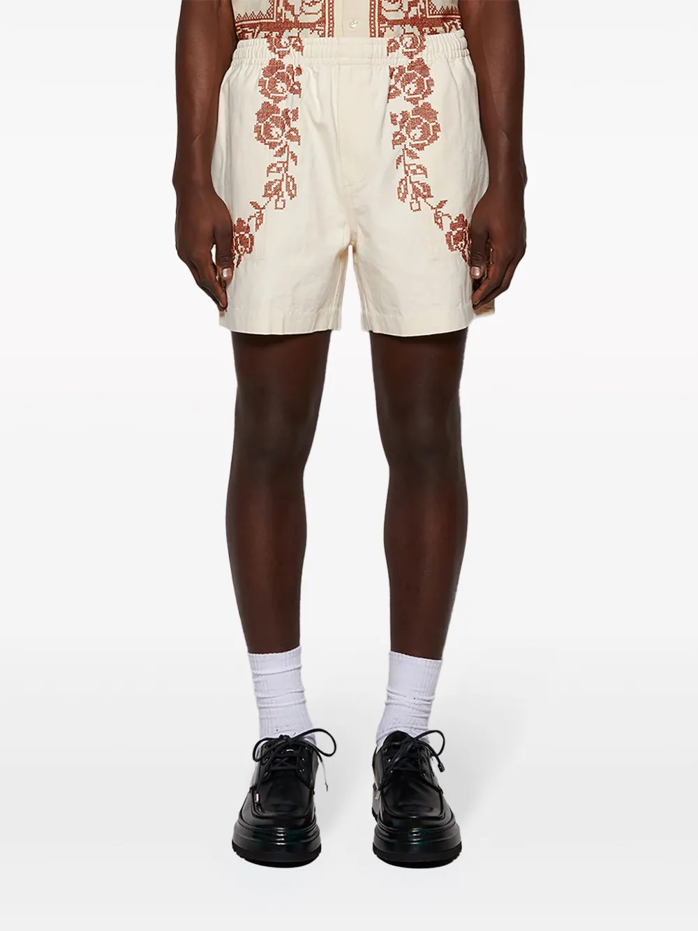 Bode Rose-embroidered Cotton Shorts In White