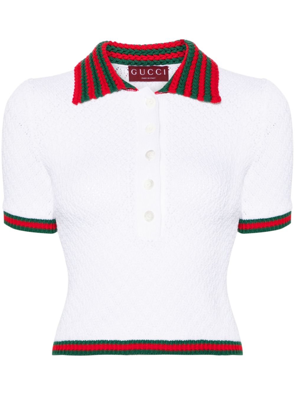 Web-striped crochet polo top