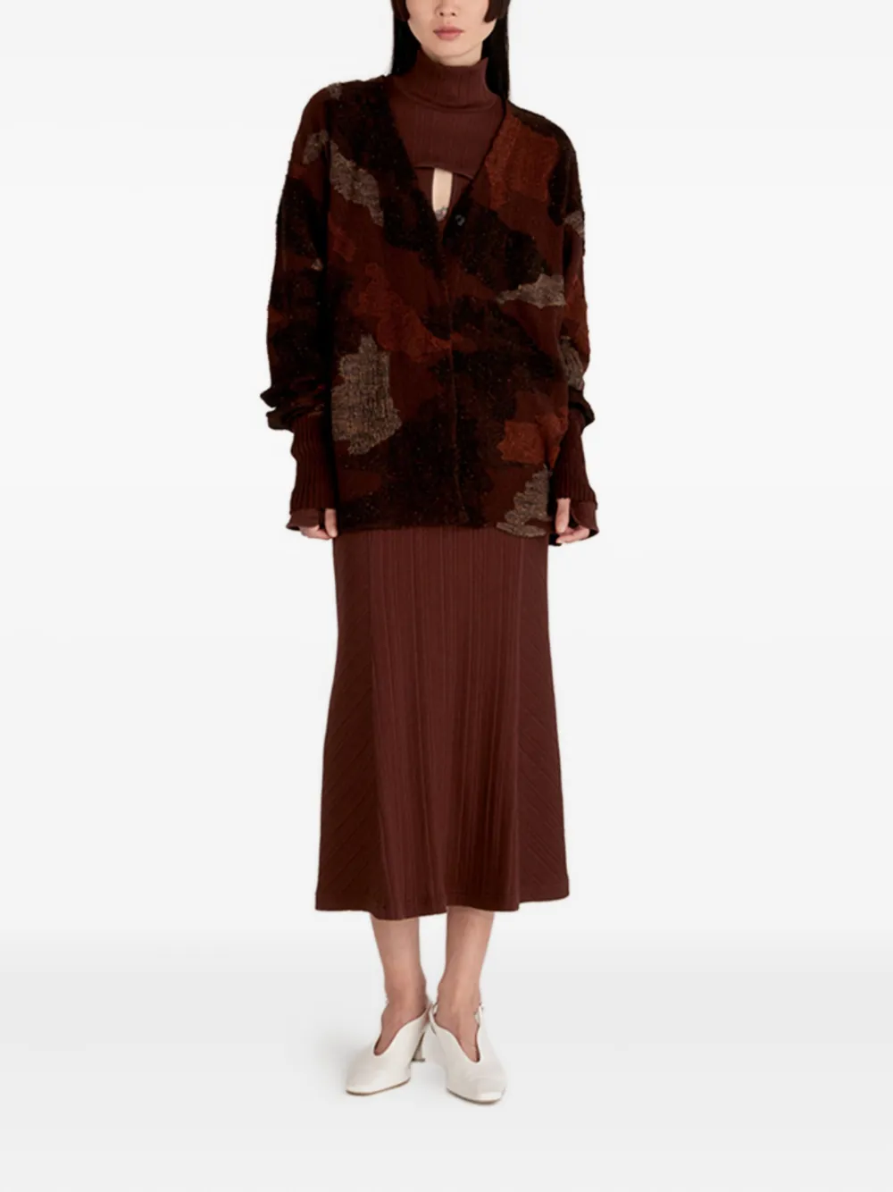 Mame Kurogouchi Pile Jacquard Knitted Cardigan In Brown