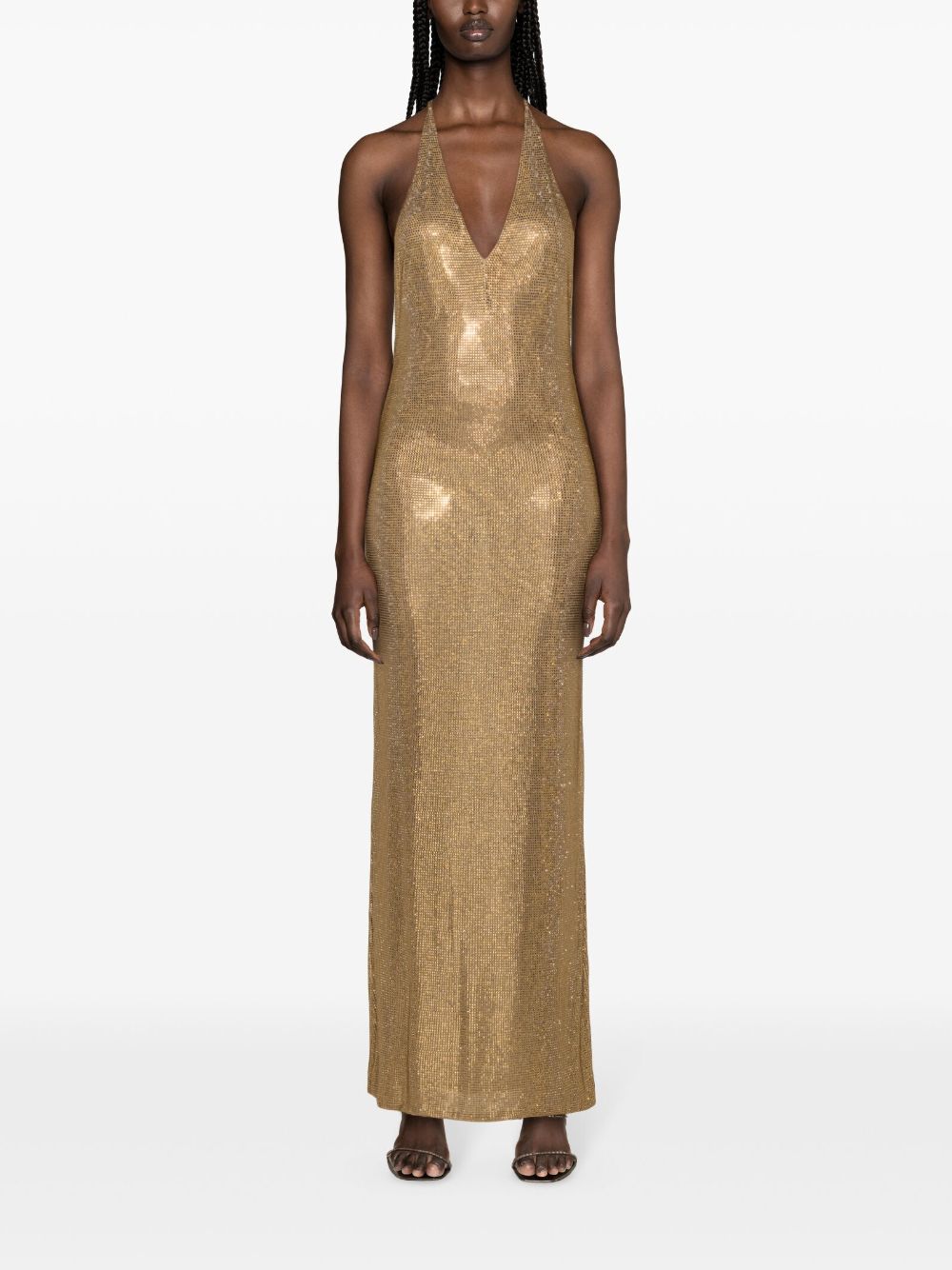 Shop Giuseppe Di Morabito Rhinestone-detailed Halterneck Maxi Dress In Gold