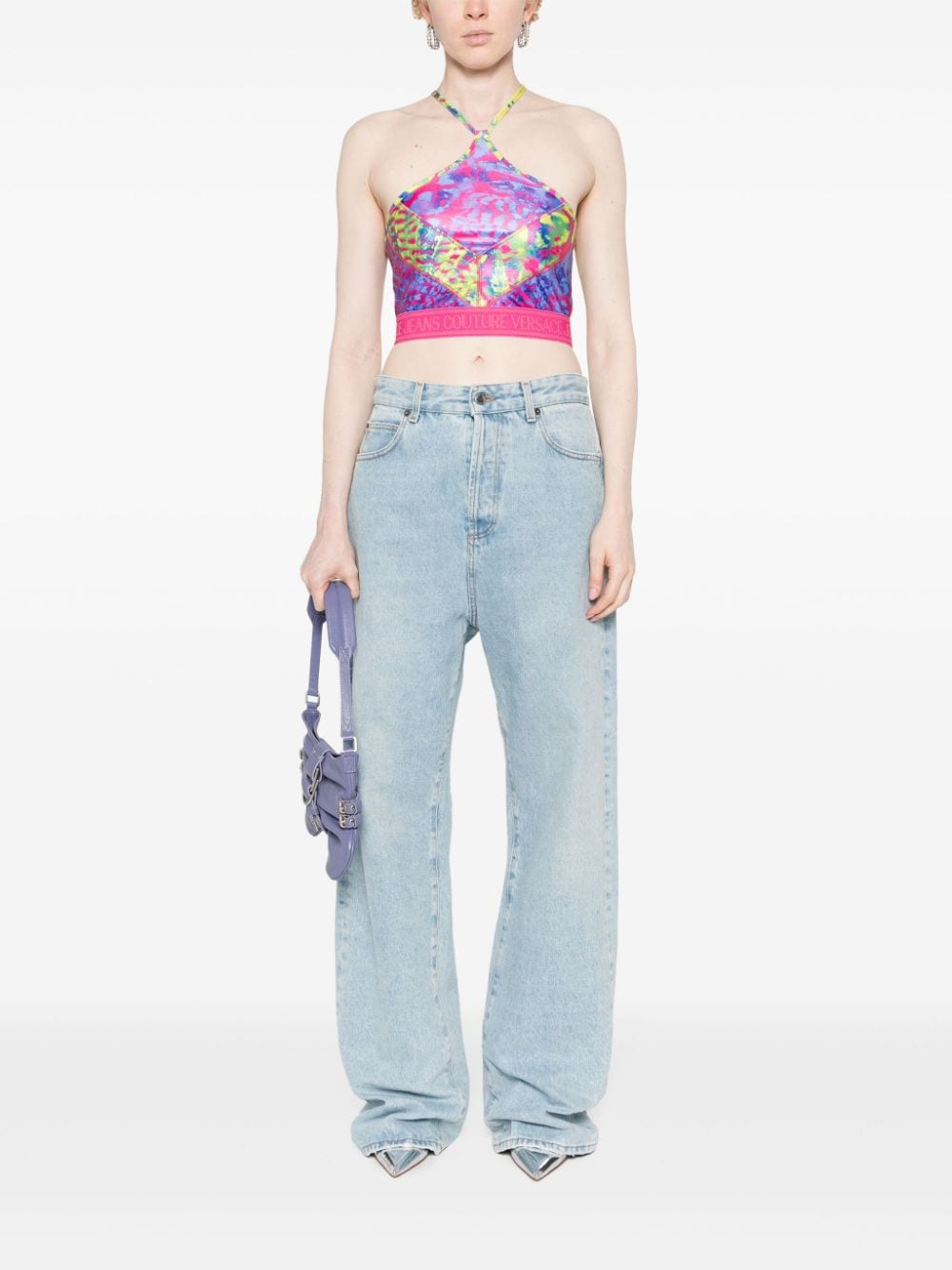Shop Versace Jeans Couture Animalier-print Cropped Top In Pink