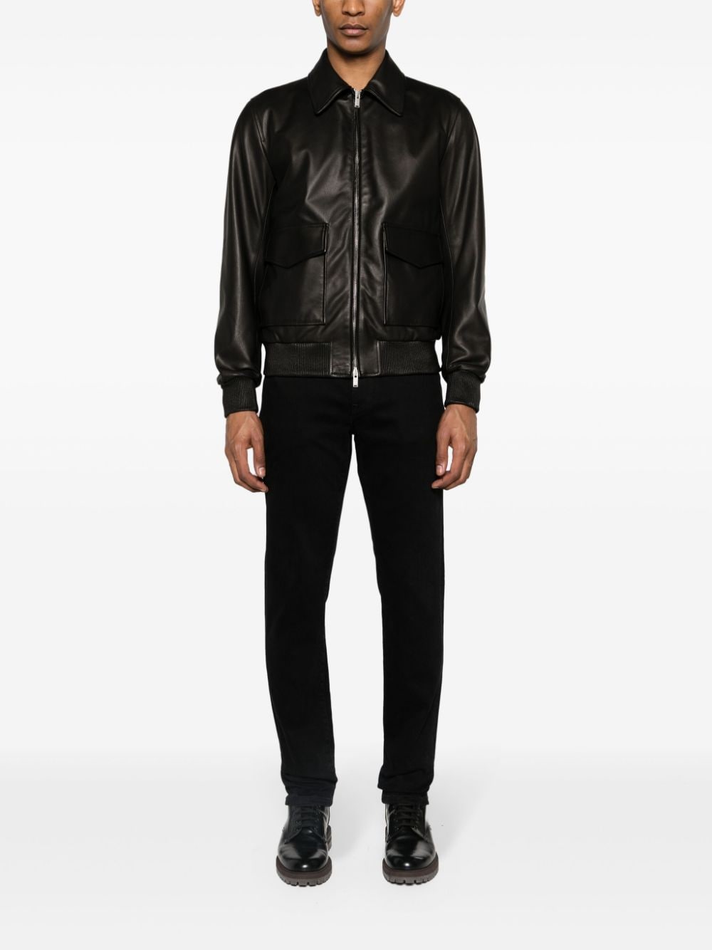 Shop Lardini Zip-up Leather Bomber Jacket In Black