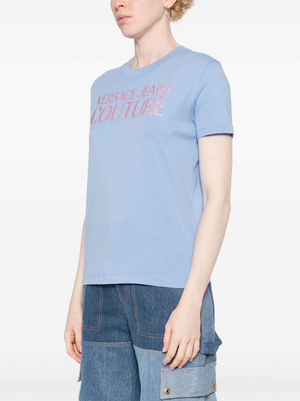 Shop Versace Jeans Couture Glittered-logo Cotton T-shirt In Blue