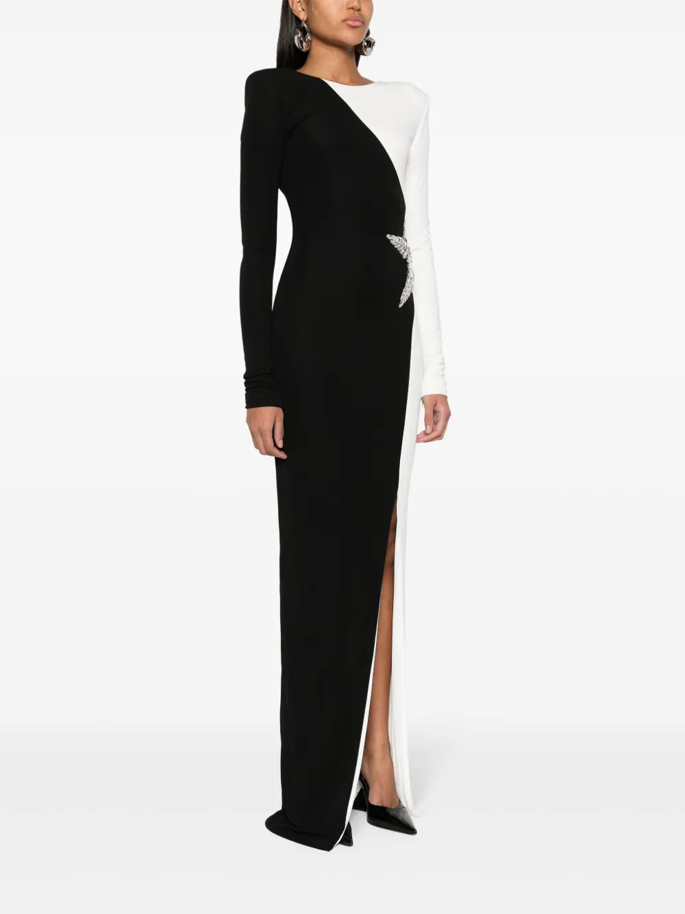 Balmain Colorblock Crystal-star Long-sleeve Backless Gown In Black