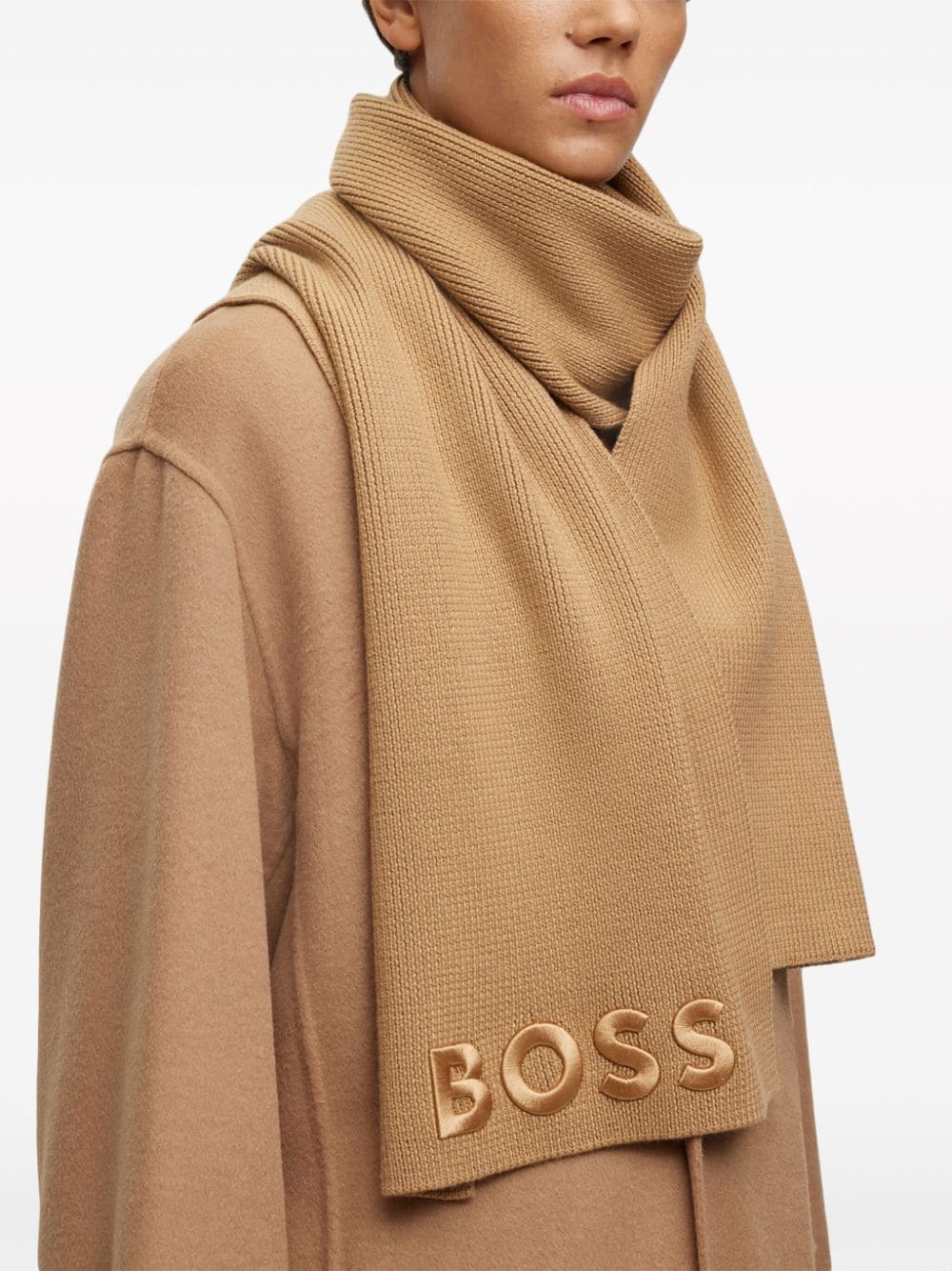 Shop Hugo Boss Logo-embroidered Virgin-wool Scarf In Neutrals