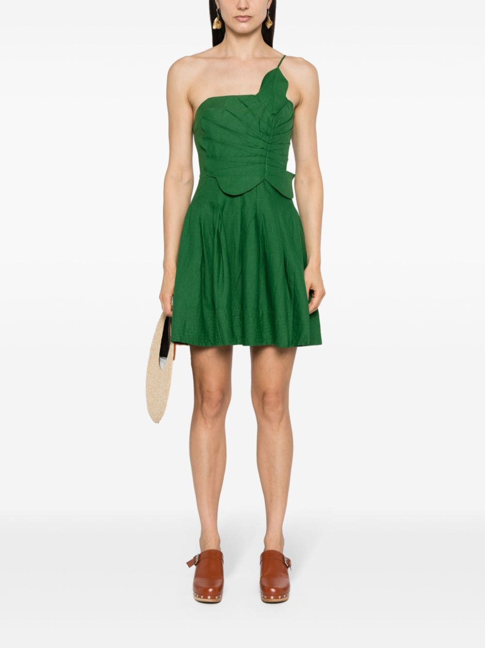 Shop Farm Rio Lea One-shoulder Pleated Mini Dress In Green