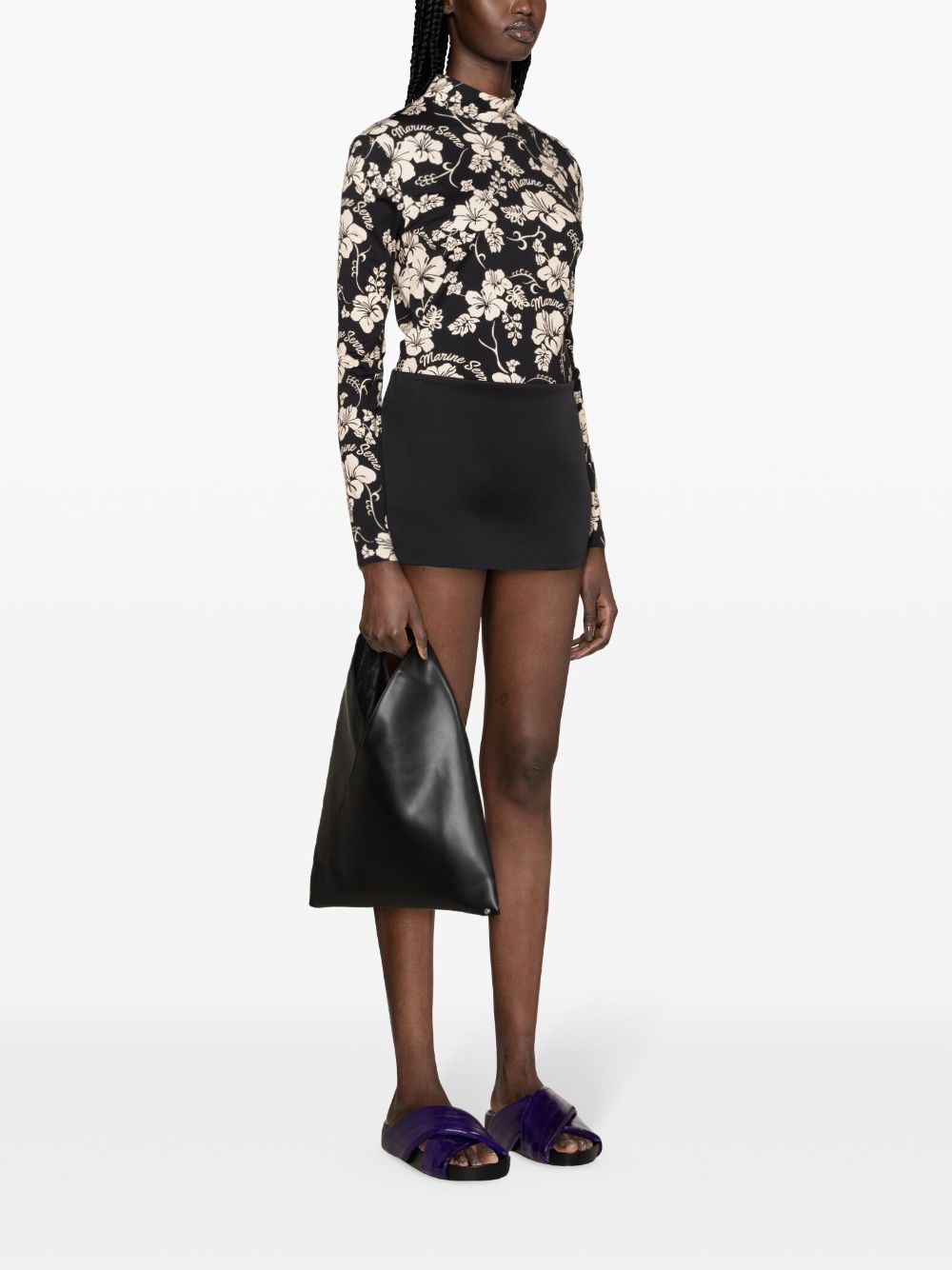 Shop Marine Serre Floral-print Mock-neck T-shirt In Black