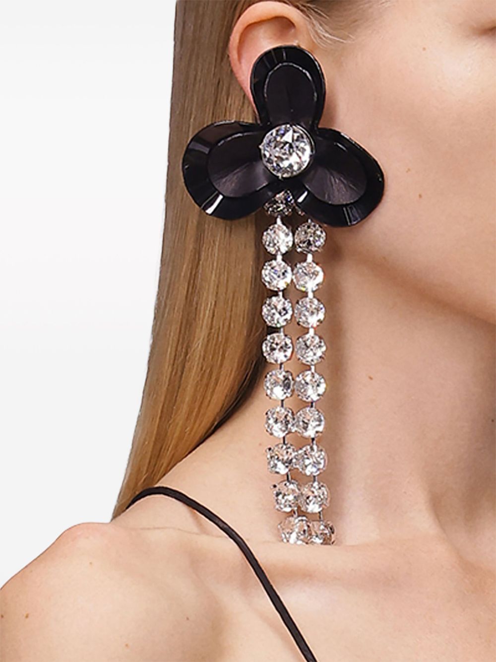 Shop Area Leather Flower Chandelier Earrings In Black