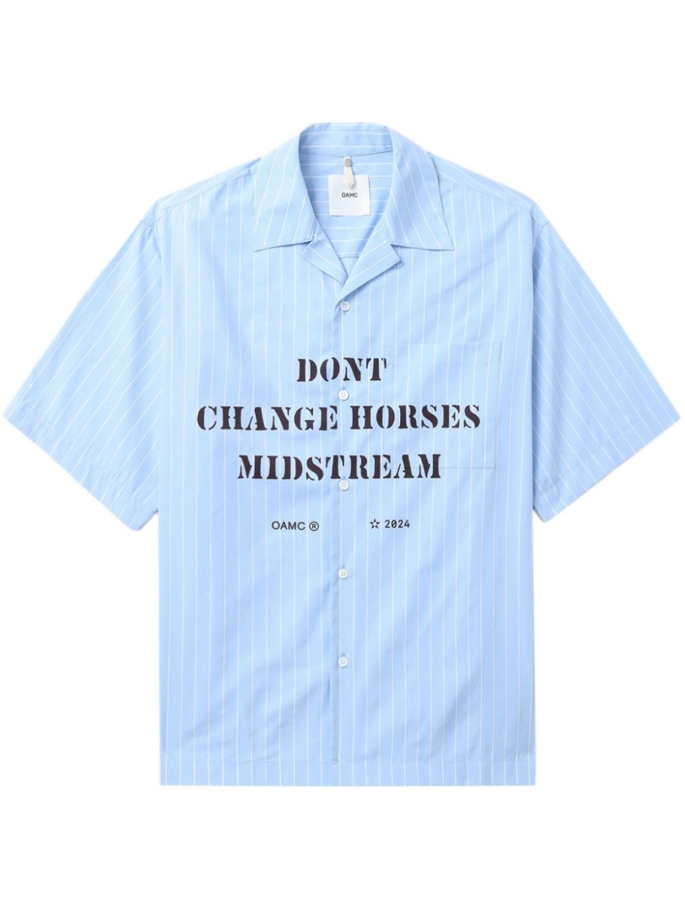 Oamc Striped Slogan-print Shirt In 蓝色