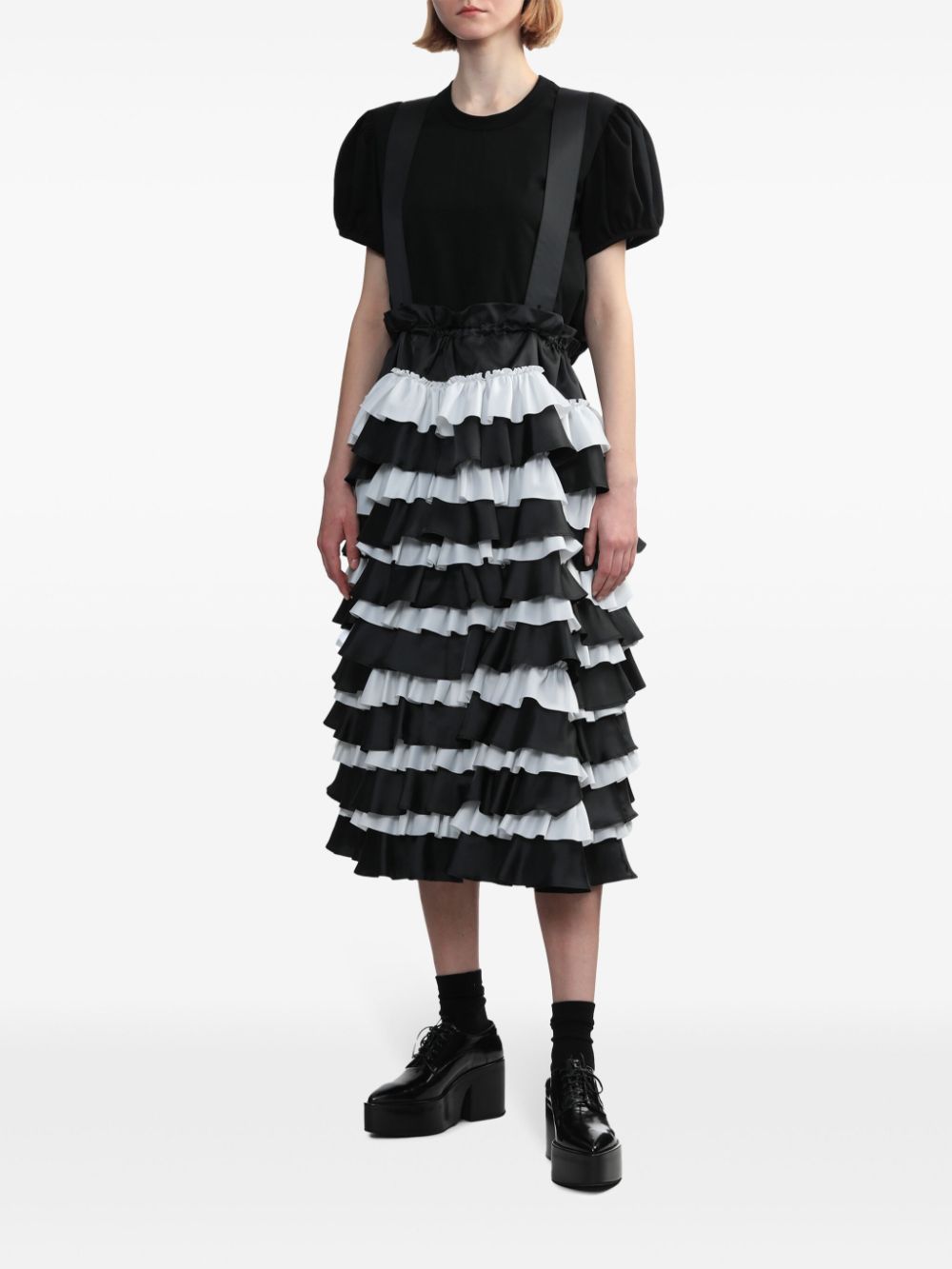 Shop Noir Kei Ninomiya Striped Ruffled Dungaree Midi Dress In Black